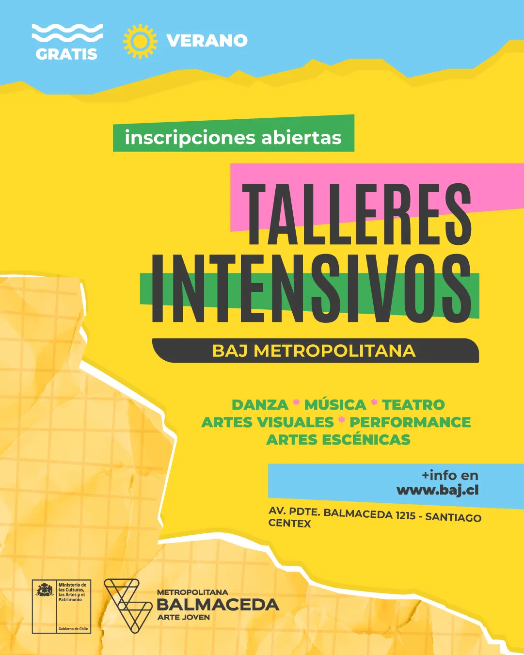 Gráfica general amarilla de Talleres Intensivos BAJ Metropolitana con las disciplinas danza, música, teatro, artes visuales y performance