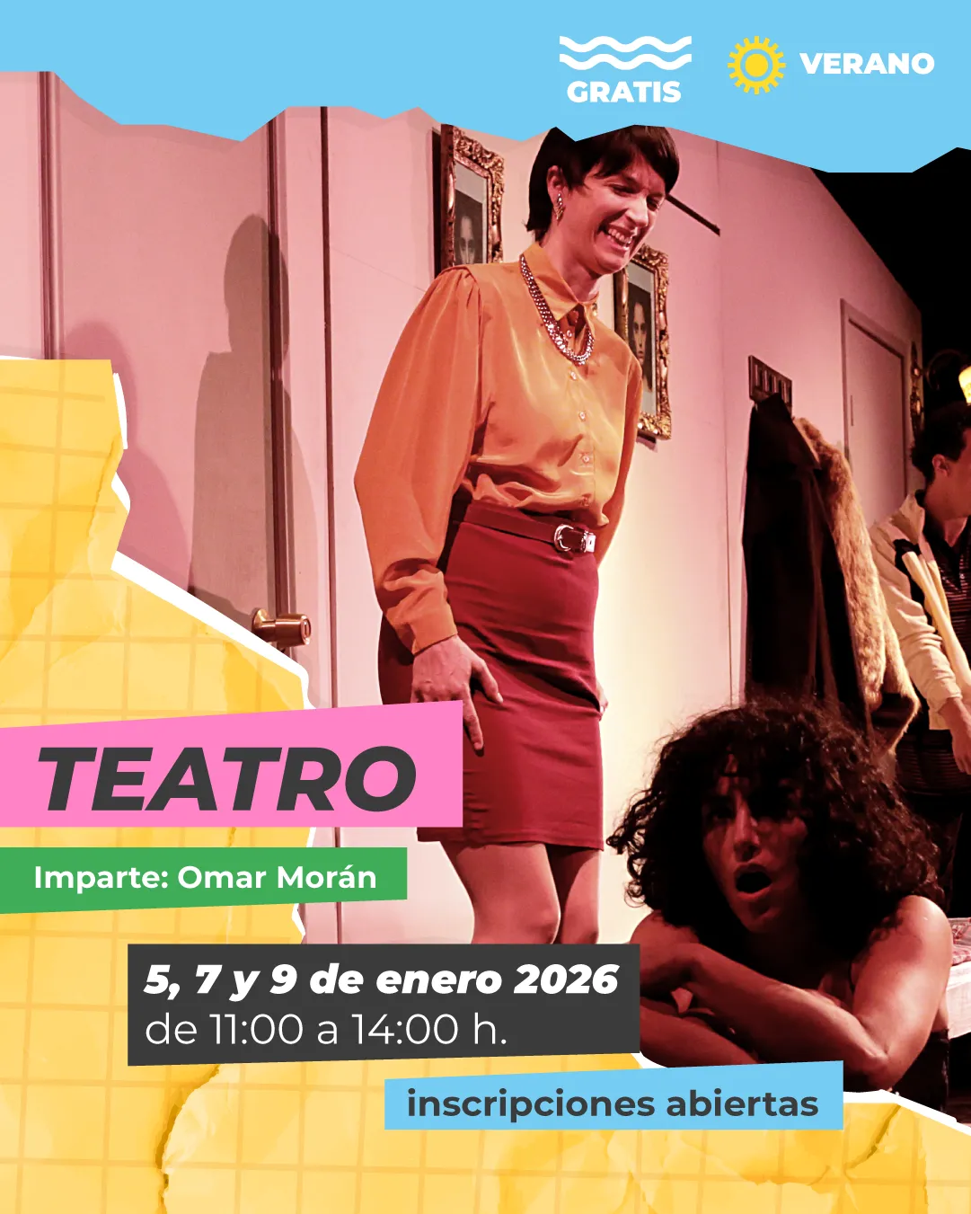 Lámina de carrusel del taller de Teatro con fotografía de actores en escena y fechas de enero 2026