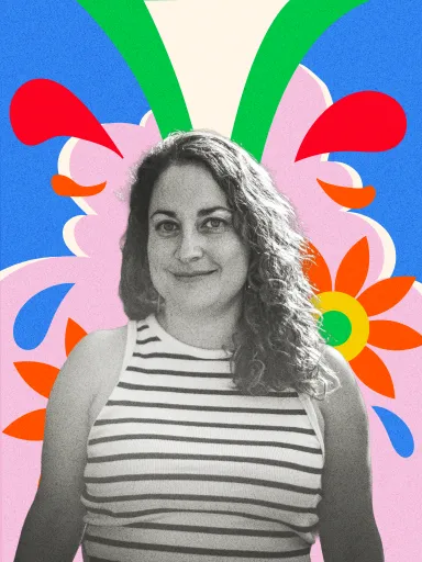 Retrato de Claudia Ochoa García sobre fondo ilustrado floral